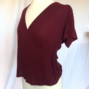 Deep Red Wrap V-neck waffle shirt.